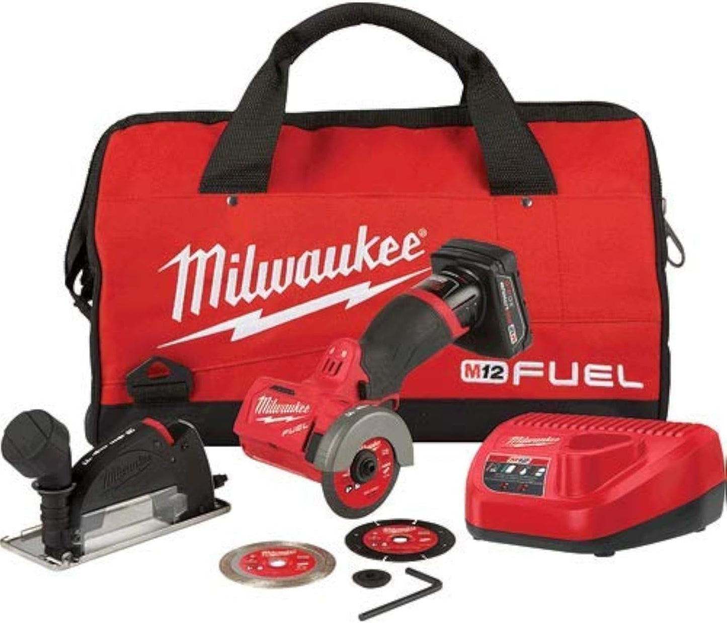 Milwaukee M12 FUEL 3" Compact Cut Off Tool Kit - 24V, 4Ah, 4A, 1.5E+3 RPM, 3" Max. Chuck Size, Black/Red