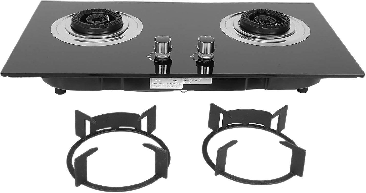 Household 2 Burners Liquefied Gas Stove Practical Kitchen Cooking Appliance with Cast Iron Burners, Tempered Glass Panel