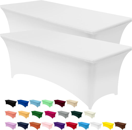 Utopia Kitchen Spandex Tablecloth 2 Pack [8FT, White] Tight, Fitted, Washable and Wrinkle Resistant Stretch Table Cloth Rectangle Cover for Trade Show, Weddings & Parties [96Lx30Wx30H Inch]