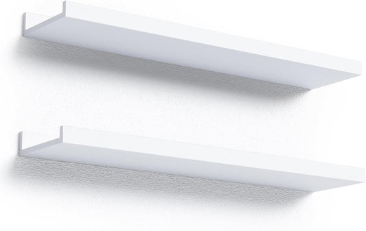 Boswillon 23.6 Inches Long Floating Shelves Wall Mounted, 2 Set Modern White Wall Shelf for Bedroom, Nursery Book Shelf with Lip, Picture Ledge Shelf for Wall Decor Living Room Bathroom Kitchen- White