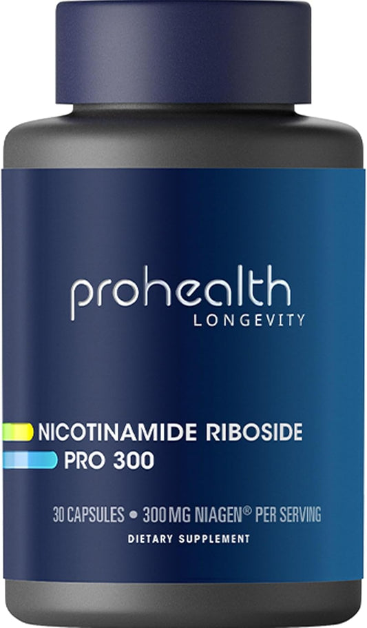 ProHealth Nicotinamide Riboside Pro 300. 300mg Patented Niagen NR (The Active Ingredient in NMN) Plus 150mg TMG. Equivalent to 414mg of NMN. NAD+ Supplement Boosts NAD+. Proven in 300 Studies. 30 svgs