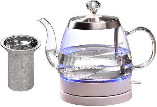 ElectriKettle 1L Glass Electric TeKettle (BPA Free) Cordless Teapot, Portable Electric Hot WateKettle with Auto Shutoff ProtectionStainless Steel Lid & Bottom (White + Filter)