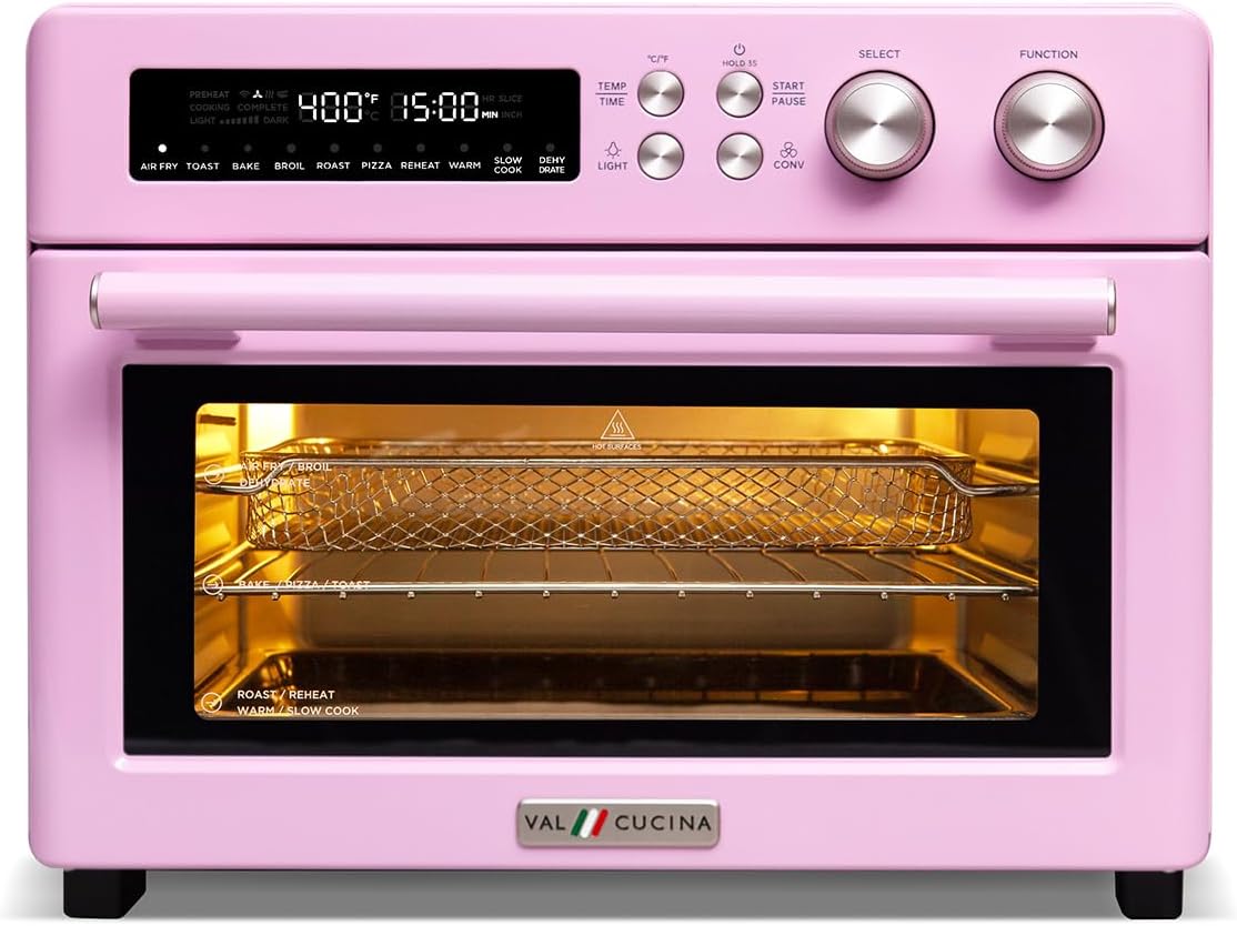 VAL CUCINA Retro Style Infrared Heating Air Fryer Toaster Oven, Extra Large Countertop Convection Oven 10-in-1 Combo, 6-Slice Toast, Enamel Baking Pan Easy Clean with Recipe Book, Classic Pink Color