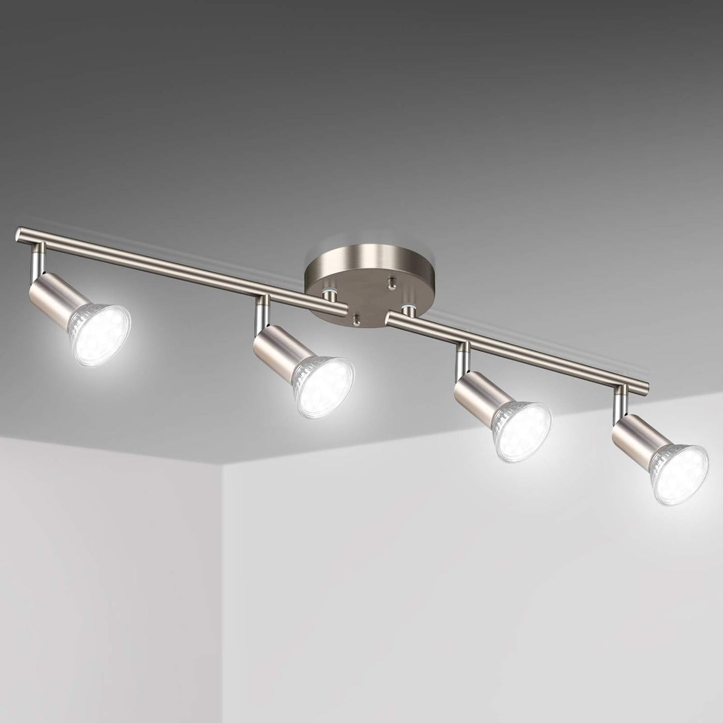 Unicozin LED 4 Light Track Lighting Kit, Matt Nickel 4 Way Ceiling Spot Lighting, Flexibly Rotatable Head, Modern Track Light Included 4 x LED GU10 Bulb (4W, Daylight White 5000K, 400LM)