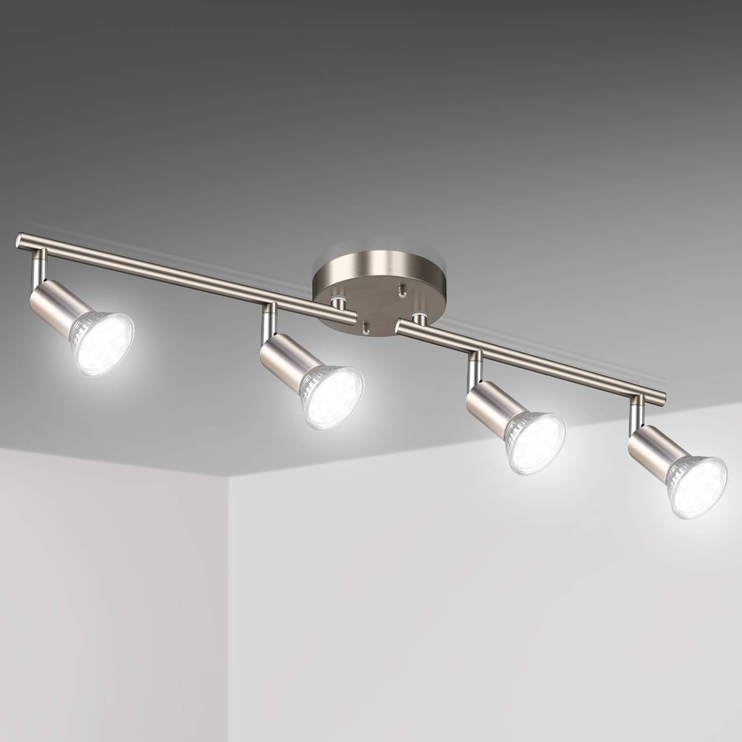 Unicozin LED 4 Light Track Lighting Kit, Matt Nickel 4 Way Ceiling Spot Lighting, Flexibly Rotatable Head, Modern Track Light Included 4 x LED GU10 Bulb (4W, Daylight White 5000K, 400LM)