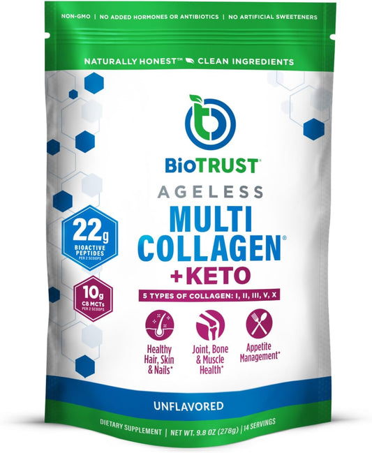 BioTrust Multi Collagen Protein Powder + Keto MCT Oil \u2013 5 Types (I, II, III, V, X) & 100% Caprylic Acid C8 - Support Elevated Ketones, Metabolism, Joints & Beauty All in 1 Collagen Powder (Unflavored)
