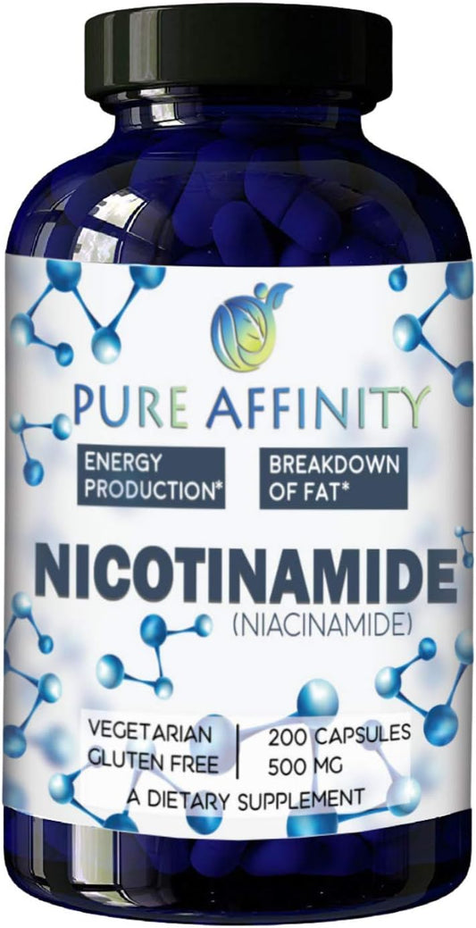 Pure Affinity LLC 200 Count! B3 Nicotinamide 500 mg Effective Flush-Free Niacin. Energy Booster, Cell Regenerator, Supports Cognitive Decline, Anti-Aging and Helps Breaks Down Carbs & Fats (200 Ct)
