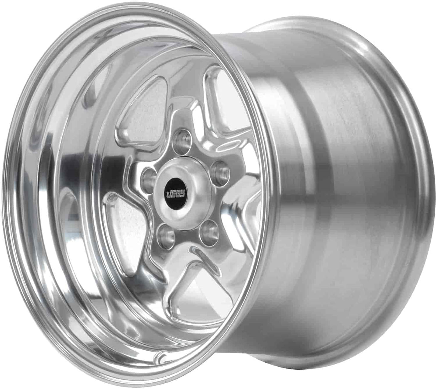 JEGS Sport Star Aluminum Wheel 15” x 10” | 5 x 4.5” Wheel Bolt Pattern Spacing | 0 mm Offset | 5.5” Backspacing | Polished Finish | 3.27” Center Bore | Includes Center Cap