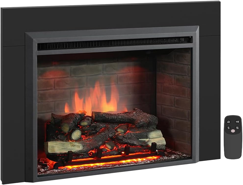 PuraFlame Western 30" Electric Fireplace Insert with Trim Kit, Fire Crackling Sound, Resin Log, Remote Control, 750\/1500W Heater, Black