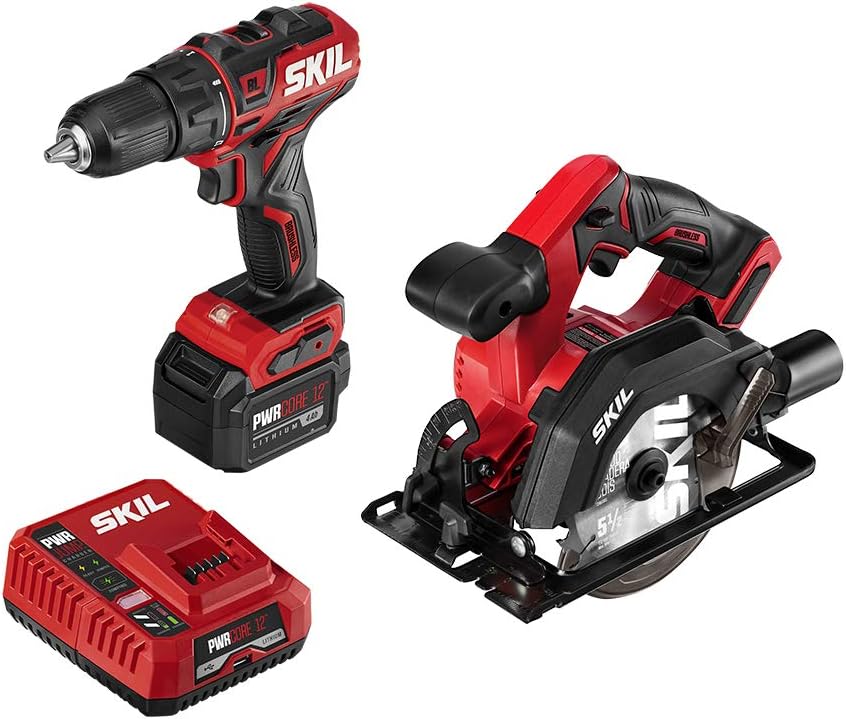 SKIL 2-Tool Kit: PWRCore 12 Brushless 12V 1/2 Inch Cordless Drill Driver and 5-1/2 Inch Brushless Circular Saw, with 4.0Ah Lithium Battery and PWRJump Charger - CB742701