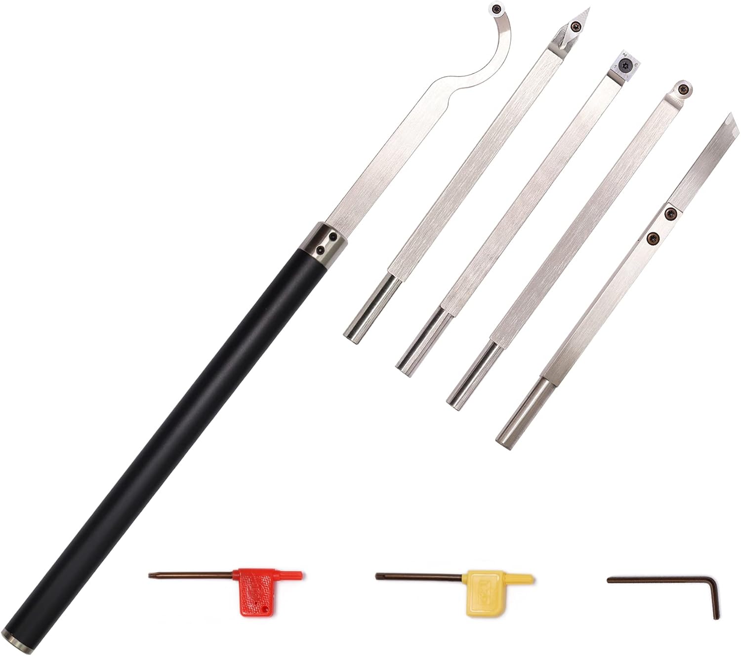 Carbide Tipped Wood Turning tools set Lathe Rougher Finisher Detailer Swan Neck Hollower Parting Tools and Interchangeable Aluminum Alloy Grip Handle with Diamond Round Square Carbide Inserts，6pcs