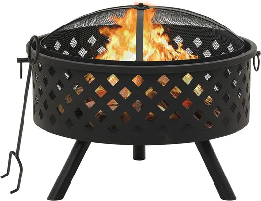 Fire Pit with Poker Steel Fire Pit with Mesh Cover for Outdoor Garden and Patio Heating 26.8" XXL Steel