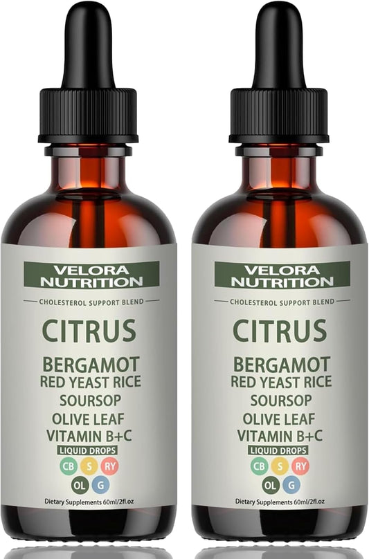 velora Red Yeast Rice Cholesterol Cleans Drops with Citrus, Bergamot, Red Yeast Rice, Soursop, Olive Leaf, Vitamin B+C, Natural, Non-GMO, Vegan 2 fl oz (2pcs)