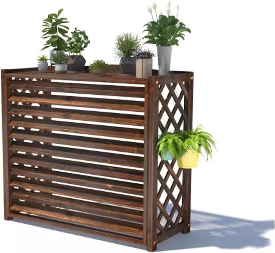 Outdoor Wooden Air Conditioner Rack with Anti-Theft Cover, Carbonized Wood AC Fence for External Units
