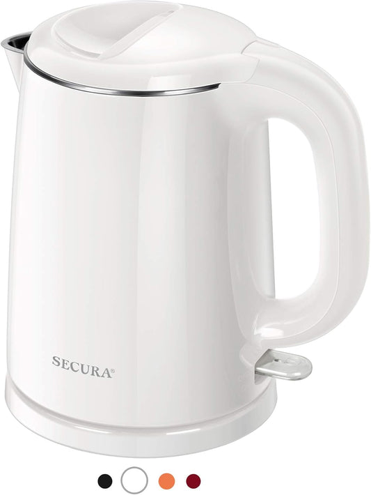 Secura Stainless Steel Double Wall Electric Kettle Water Heater for Tea Coffee w\/Auto Shut-Off and Boil-Dry Protection, 1.0L (White) SWK-1001DW\/HB-K012