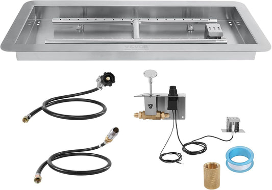 VEVOR 24 x 8 inch Drop-in Fire Pit Pan, Rectangular Stainless Steel Fire Pit Burner Kit, Propane Gas Fire Pan 120,000 BTU with H-Burner for Indoor or Outdoor Use