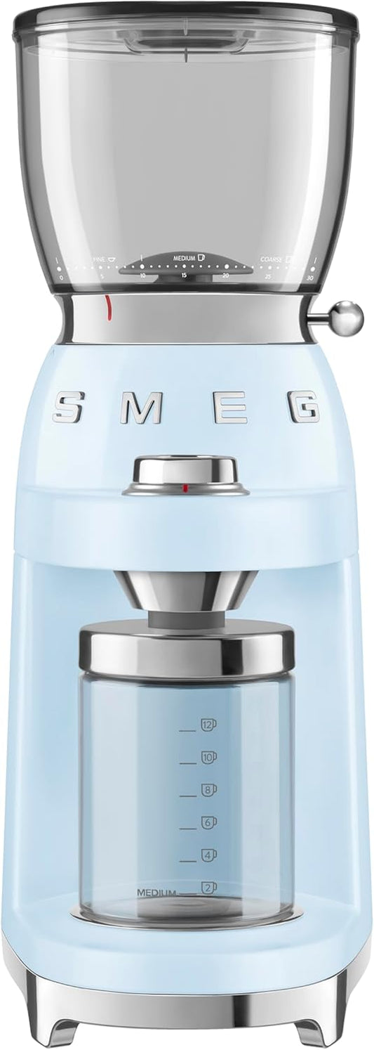 SMEG CGF11 Retro-Style Coffee Grinder \u2013 Burr Mill with 30 Grind Settings, Stainless Steel Conical Burrs, Removable Hopper \u2013 Precision Countertop Grinder for Espresso, Drip, French Press-Pastel Blue