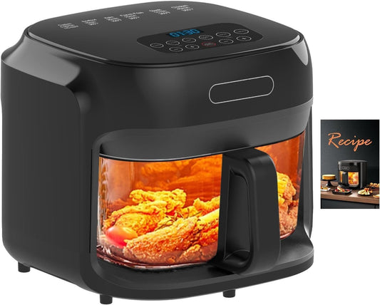 Glass Air Fryer, 7.8QT with Transparent Fry Bowl, Circulating Heating, Temperature Control, Air Fryer Roast, Dishwasher Safe (Black)