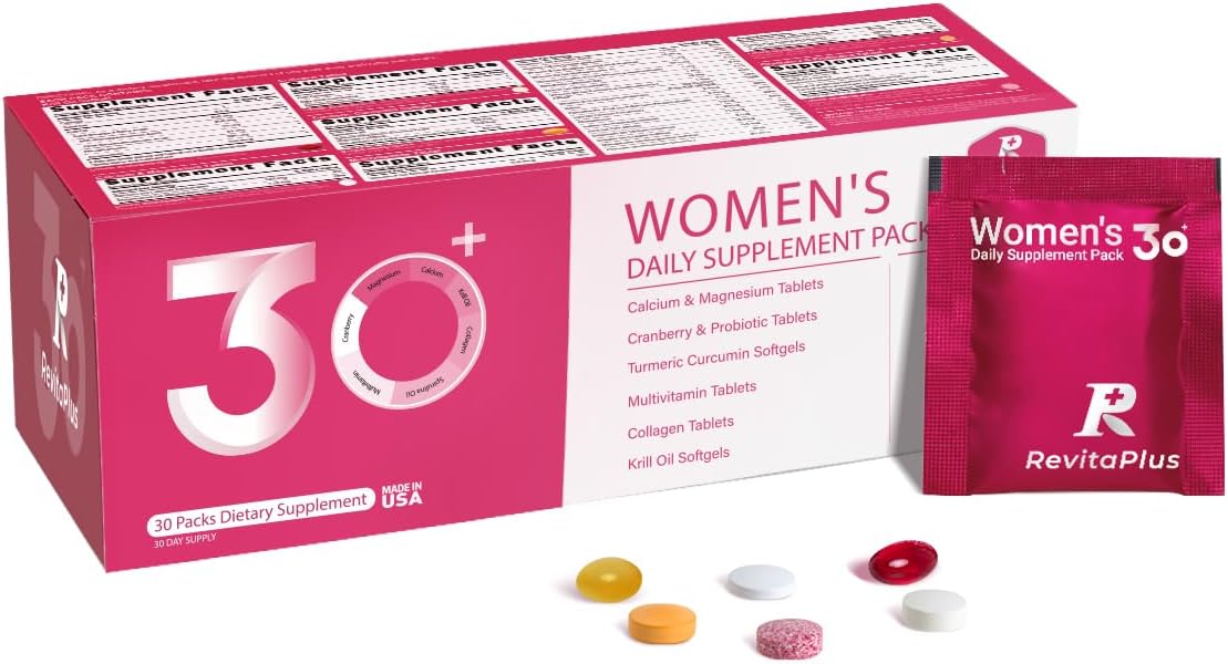 RevitaPlus Multivitamin for Women with Vitamin A,B,C,D3,E,K2,Biotin, Collagen,Krill Oil,Cranberries Supports Energy,Wellness,Beauty and Immune - Vitamin Packs for Women Health 30 Packs