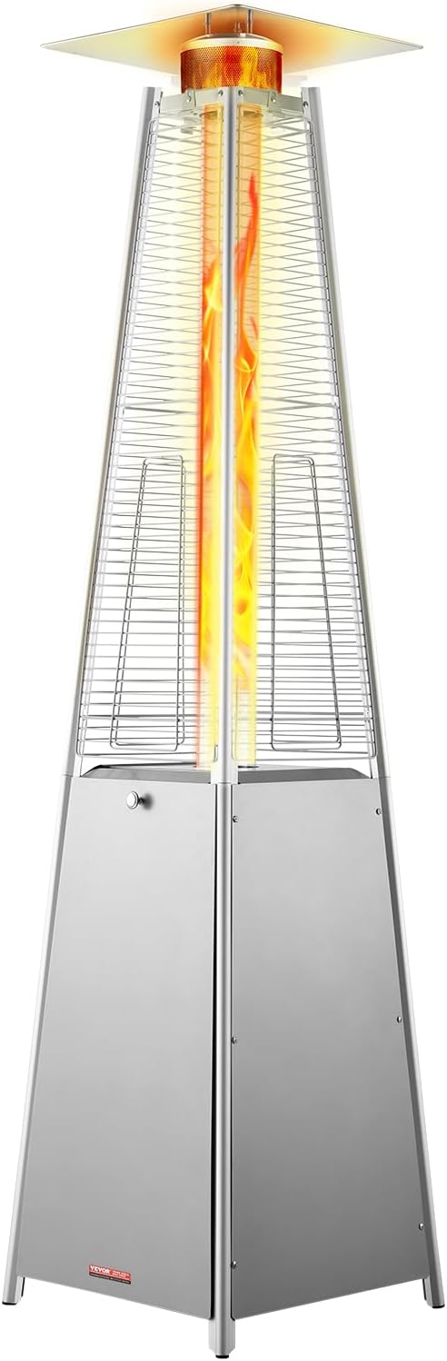 VEVOR Patio Heater for Outdoor Use, 48000BTU Pyramid Propane Heater w\/Wheels, Quartz Glass Tube Outdoor Patio Flame Heater for Patio, Party, Backyard, Garden, Decoration, Silver