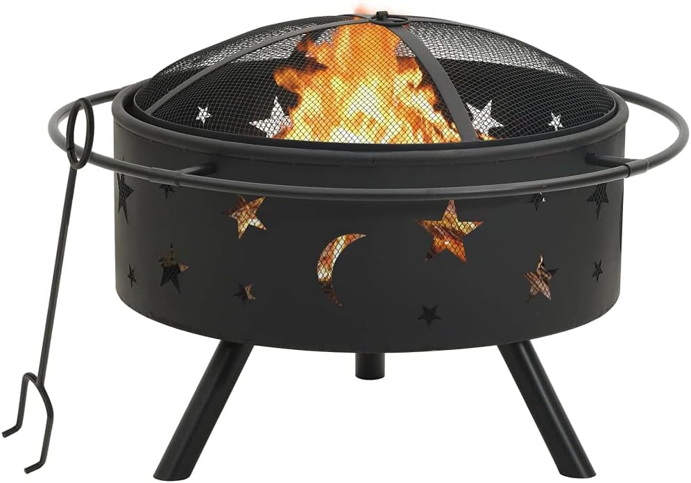 Fire Pit with Poker Steel Fire Pit with Mesh Cover and Poker for Outdoor Garden and Patio Use 29.9" XXL Steel