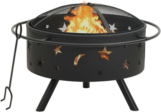 Fire Pit with Poker Steel Fire Pit with Mesh Cover and Poker for Outdoor Garden and Patio Use 29.9" XXL Steel