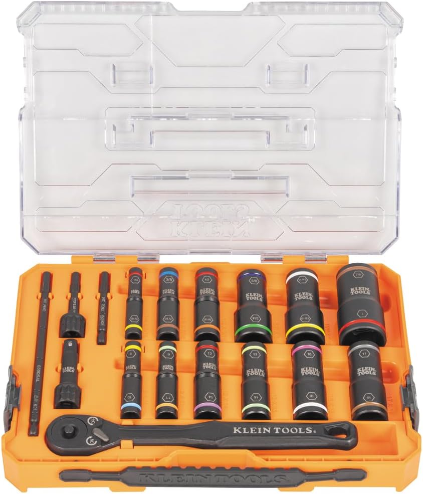 Klein Tools 65626 KNECT Deep Well Impact Socket Set, 3\/8-Inch Drive Ratchet, 24 SAE and Metric Flip Socket Sizes, MODbox Case