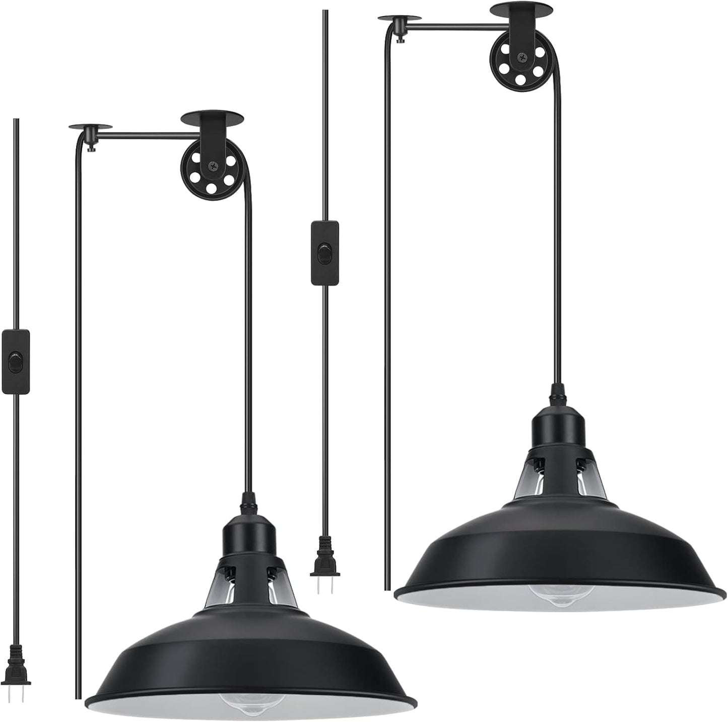 Lomoky Plug in Pendant Light, Hanging Lamp with Black Barn Pendant Lighting with 14.76ft Cord On\/Off Switch, Adjustable Pulley Hanging Pendant Lighting for Kitchen Bedroom Restaurant 2 Pack