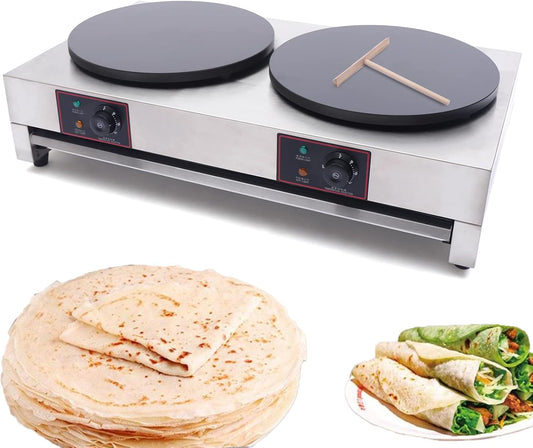 Commercial Crepe Maker 3400W 16" Griddle Machine Pancake Baking Hot Plate Non-Stick Electric Crepe Pan Double Hotplate Adjustable Temperature 50-300℃(122-572℉) Crepe Maker Machine for Kitchen