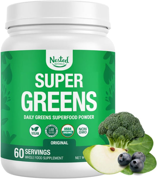 Nested Naturals Super Greens Daily Superfood Powder - Certified USDA Organic Green Powder w\/20+ Whole Foods, Spirulina Powder, Wheat & Barley Grass - Probiotics, Fiber & Enzymes - Original Flavor, 60