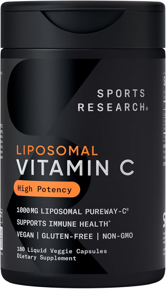 Sports Research® High Potency Liposomal Vitamin C Supplement 1000 mg \u2013 Certified Vegan, Non-GMO, Gluten Free | Antioxidant & Immune Support | Ascorbic Acid Vitamin C | 180 Liquid Veggie Capsules
