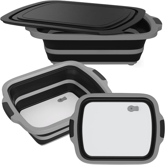 2-Pack XL Collapsible BBQ Prep Tub with Built-In Cutting Board, Lid & Strainer \u2013 Marinate, Drain & Prep \u2013 Large Food-Safe Container \u2013 Perfect for Grilling, Smoking & Outdoor Cooking (Black)
