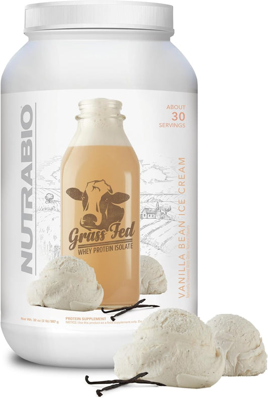 NutraBio Grass Fed Whey Isolate Protein Powder - 25G of Protein Per Scoop - Sugar Free Natural Lean Muscle Protein Supplement - Vanilla Bean- 2 Pounds, 29 Servings.