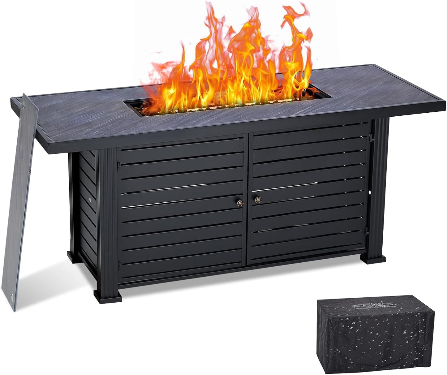 GarveeLife 57 in Propane Fire Pit Table, 50000BTU Rectangle Fire Table with Cover & Rain Cover, Sturdy Steel and Iron Fence Surface, CSA Safety Certified, Companion for Your Garden (Enlarged Version)