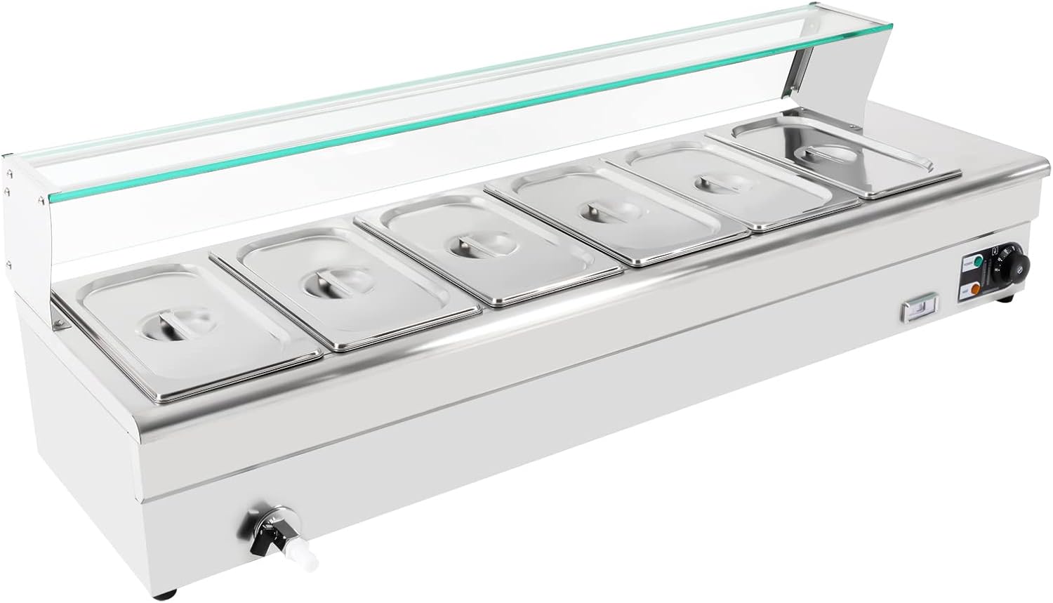 MuChaIOAK 6-Pan Food Warmer - Stainless Steel Steam Table with Tempered Glass Shield - 110V 1.2KW
