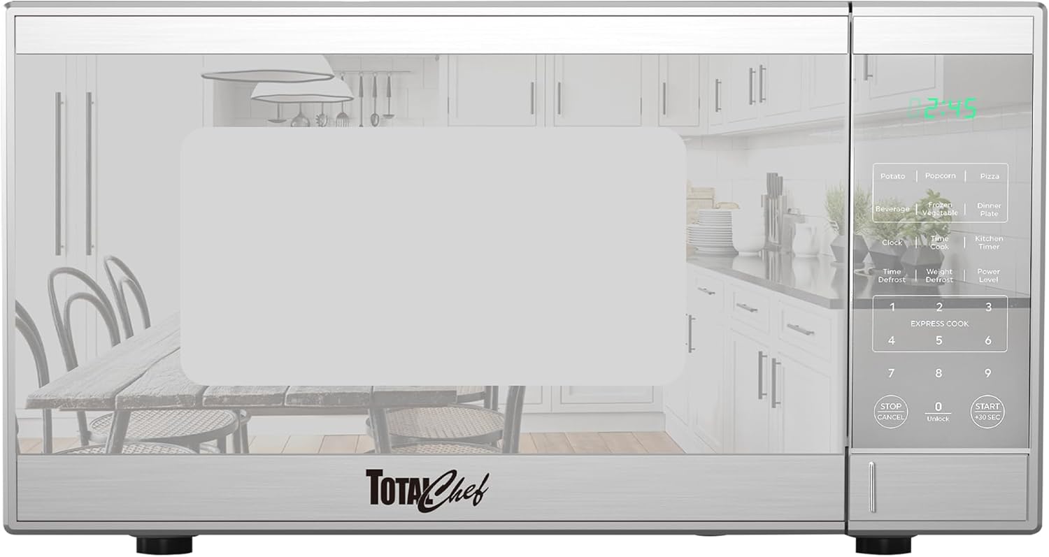 Total Chef 0.9 Cu Ft Microwave Oven – Compact Countertop Microwave, Small Stainless Steel Kitchen Appliance with Digital Touch, Pre-Set Functions, 10.6” Turntable, 900 Watt, Microondas Pequeños