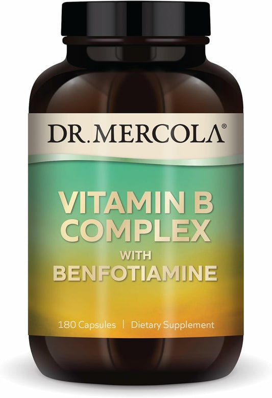 Dr. Mercola Vitamin B Complex with Benfotiamine - Supports Cellular, Brain & Immune Health - Non-GMO, Gluten-Free & Soy-Free - 180 Capsules (90 Servings)