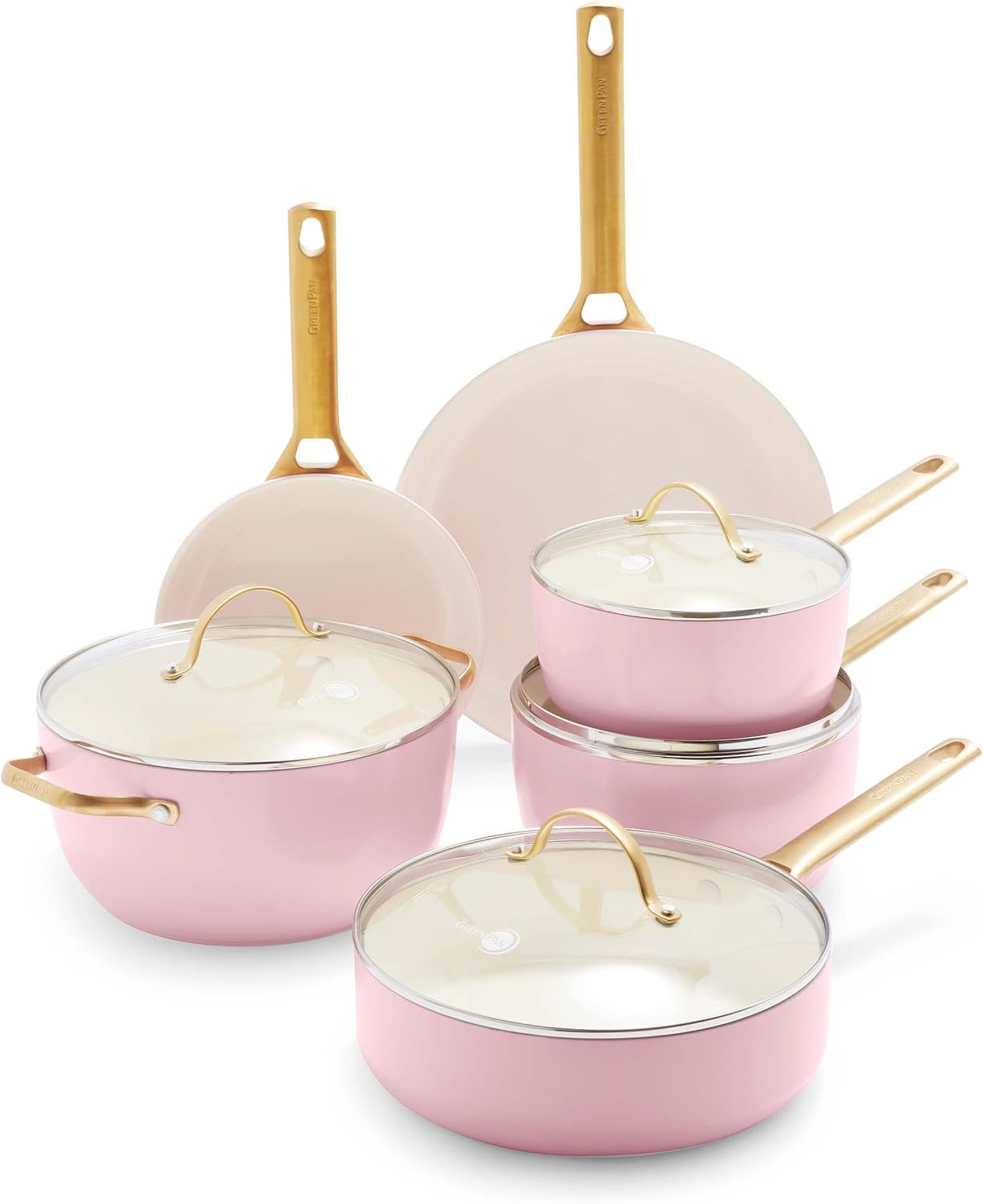 GreenPan Hard Anodized Healthy Ceramic Nonstick 10 Piece Cookware Pots and Pans Set, Gold Handle, PFAS-Free, Dishwasher Safe, Oven Safe, Blush Pink