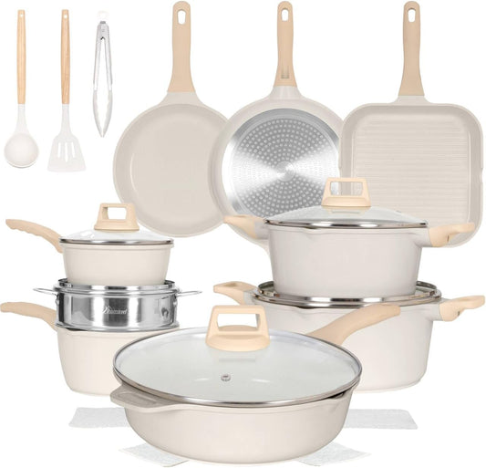 Romswi 23pcs Pots and Pans Set Non Stick, Kitchen Cookware Set with Casserole, Frying & Saucepans, Oven Safe & Stovetop Agnostic Non Toxic Cookware(Gas, Electric & Induction) - White