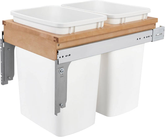 Rev-A-Shelf Double Pullout Trash Can for Base Kitchen& Bathroom Cabinets, 35 Qt Wood Top Mount Garbage Bin, 15" x 1.5" Face-Frame, White, 4WCTM-18DM2