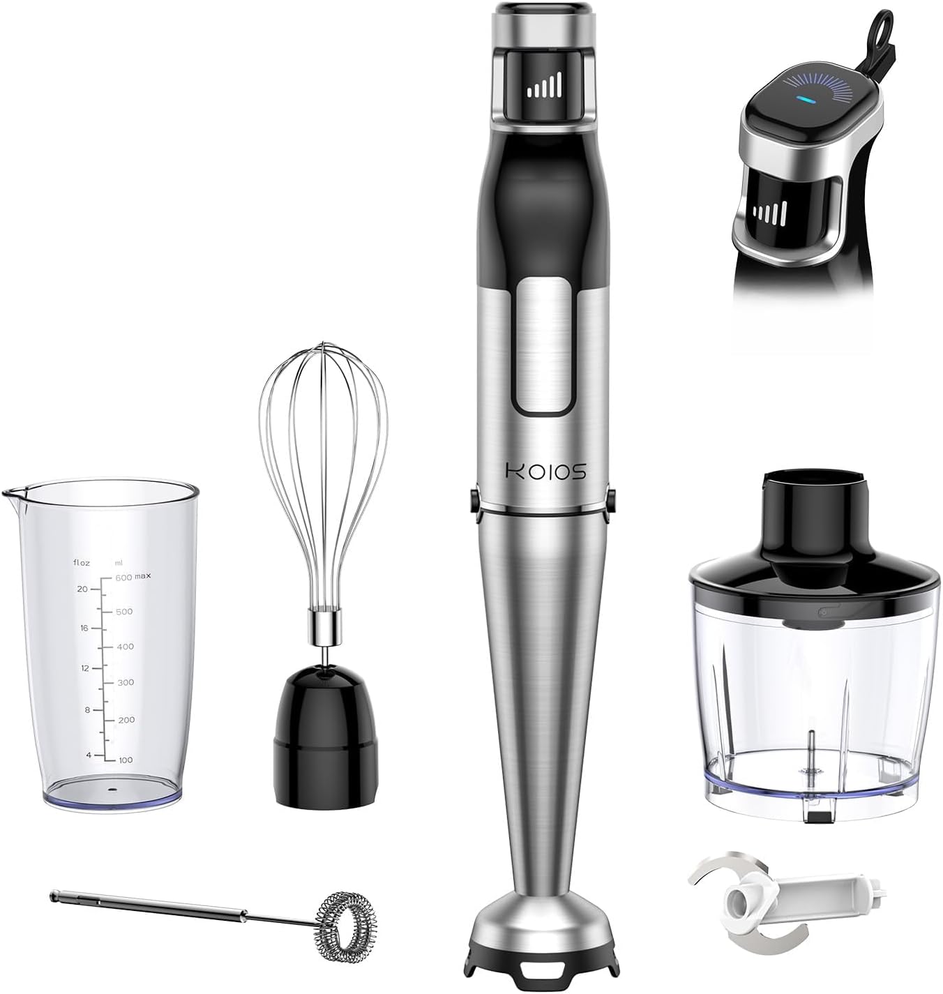 KOIOS Immersion Blender Handheld - Trigger Variable Speed 5-in-1 Immersion Hand Blender 1100W, Anti-Scratch Stainless Steel Shaft, Chopper & Milk Frother, Non-BPA for Soup, Baby Food and Smoothies