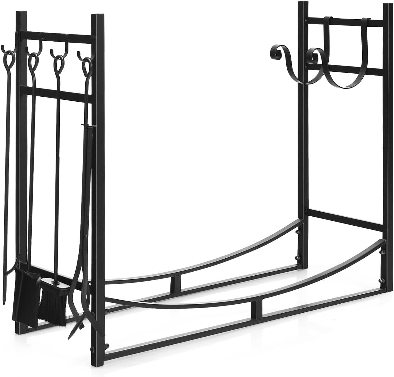 SlickBlue Firewood Rack with Poker, Shovel, Tongs, Brush, 2 Kindling Holders and Heavy Duty Metal Frame