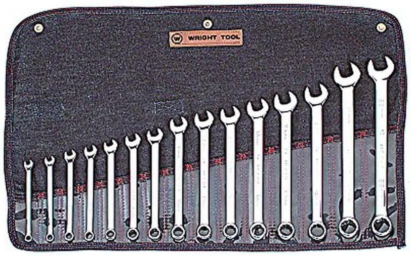 Wright Tool 952 Metric Combination Wrench Set, 12-Point, 15-Piece | WrightGrip® 2.0, Sizes 7 mm–22 mm, Full Polish Finish, Roll Pouch Made in USA