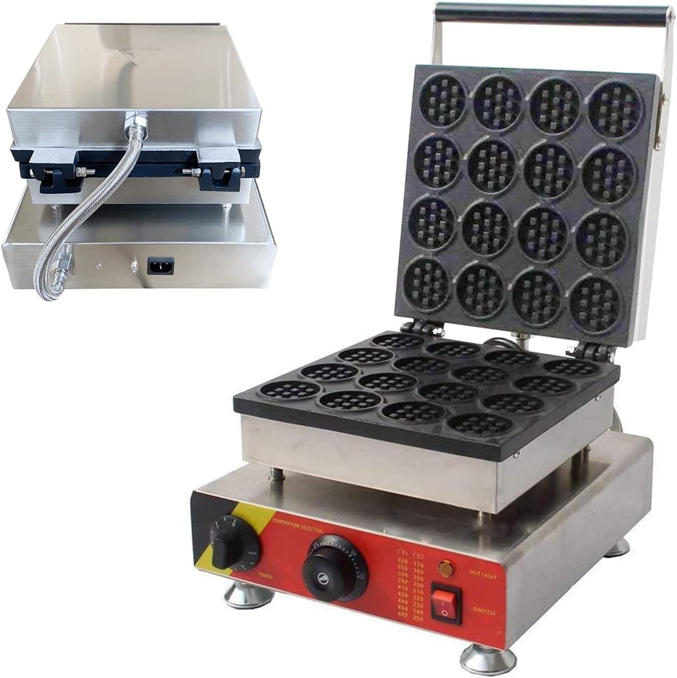 INTBUYING Commercial Electric Mini Round Cake Waffle Maker, Stainless Steel Body with Nonstick Coating Baker Making Machine 16 Holes 110V 0-572 Fahrenheit