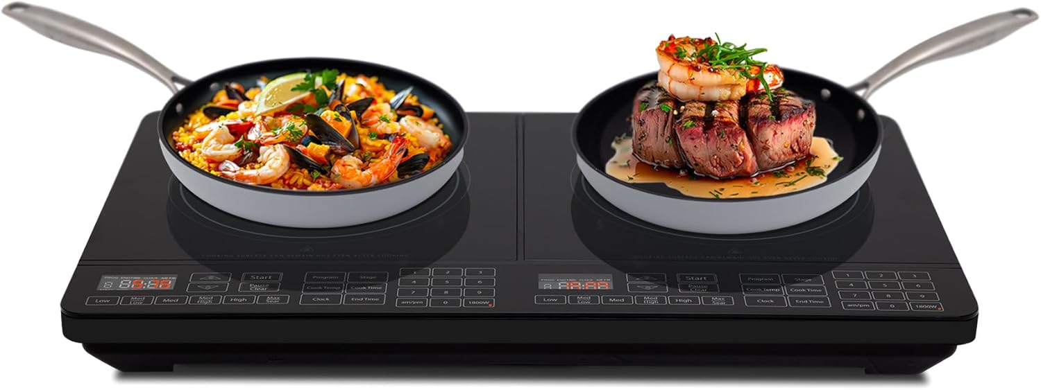 Nuwave Double Cooktop Induction Countertop Burner, Portable, 900 & 1800W, 100°F to 575°F, Large 8\u201D Heating Coil, 50 Pre-Programmed Settings, Shatter-Proof Ceramic Glass, Built-In Safety Auto Shut Off
