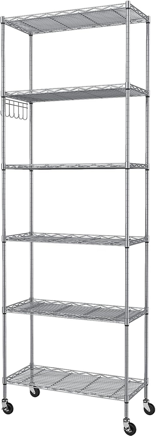 Homdox 6-Tier Storage Shelf Wire Shelving Unit Free Standing Rack Organization with Caster Wheels, Stainless Side Hooks, Silver Gray