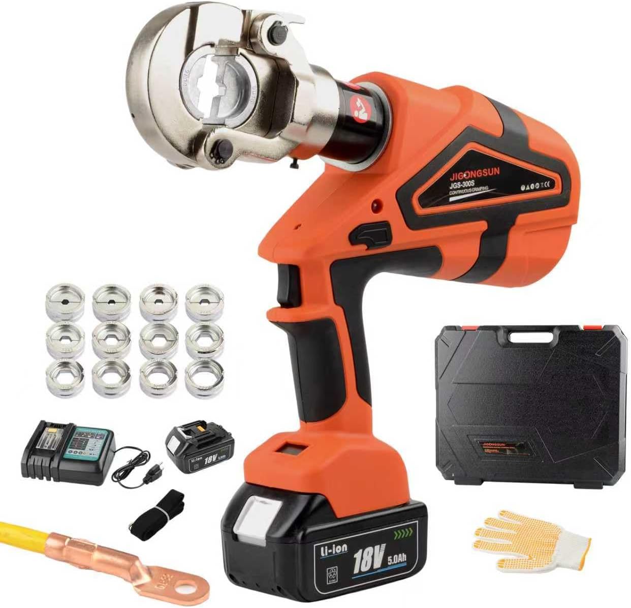 JIGONGSUN Electric Hydraulic Crimping Tool, Battery Cable Crimper Tool, Rechargeable Crimper for Cu\/Al Terminal, Continuously Crimp 12 Ton Rang 8AWG-600MCM 12 Pairs of Dies (JGS-300S)