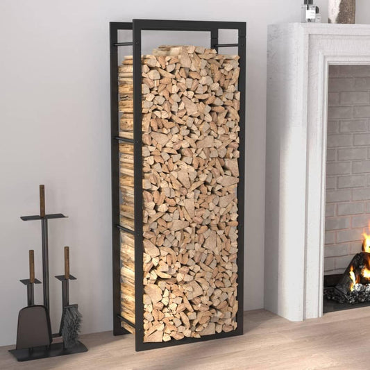 Heavy-Duty Black Powder-Coated Steel Firewood Rack with Wall Mount for Secure Outdoor Log Storage and Airflow Drying