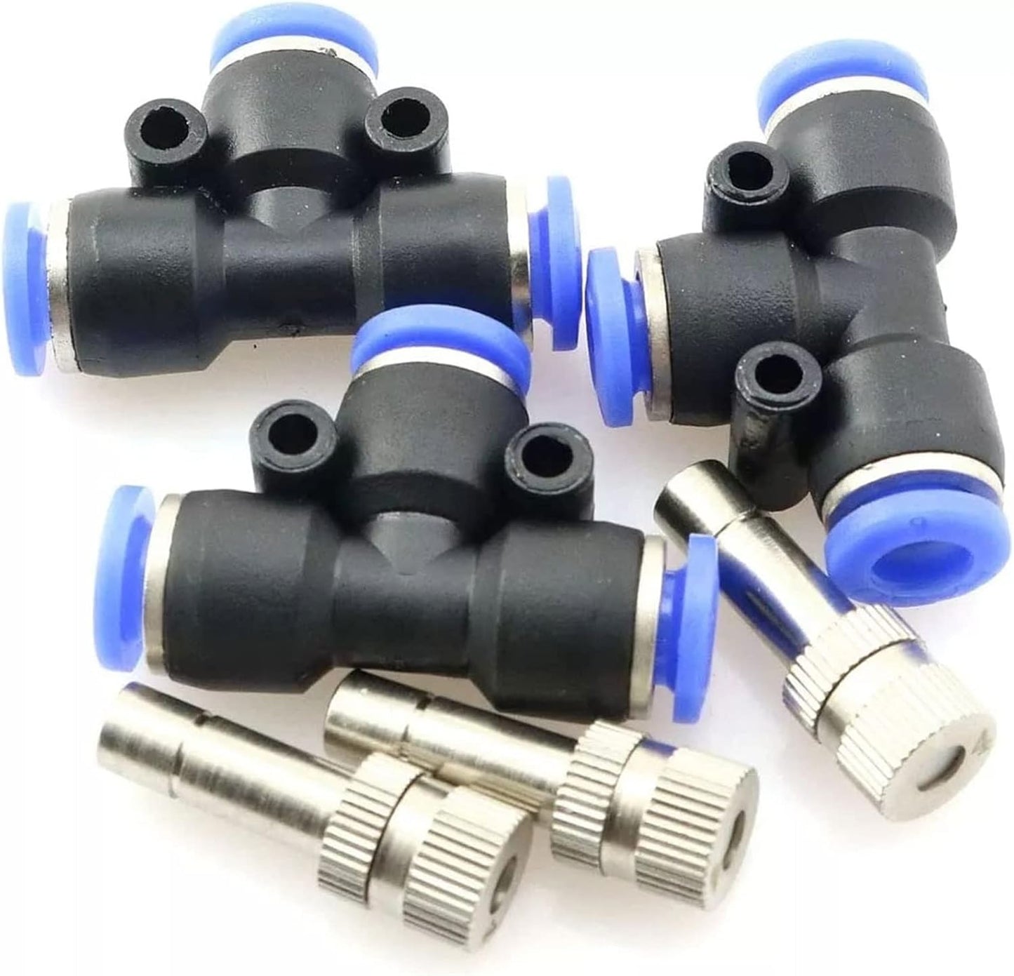 Pfeilzieher 10pcs Quick Connector Brass misting nozzles with 1 4 tees for Outdoor Cooling Mister System Fog nozzles Garden Spray atomizing Nozzle for Landscaping air humidification 6mm Connection