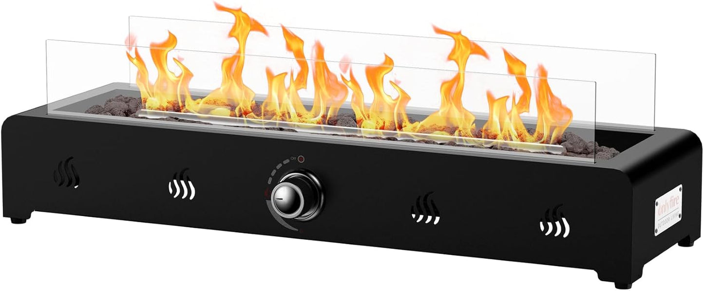 Onlyfire 28'' Tabletop Fire Pit, Outdoor Propane Gas Firepit Side-Mounted for Most Tables, Glass Wind Guard and Lava Rock, Rectangular Smokeless Fire Table Top Fireplace